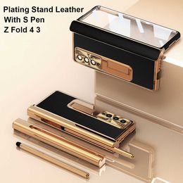 Cell Phone Cases With S Pen Plating Leather Case For Samsung Galaxy Z Fold 4 3 5G Magnetic Kickstand Carbon Fibe Screen Protector Cover W221014