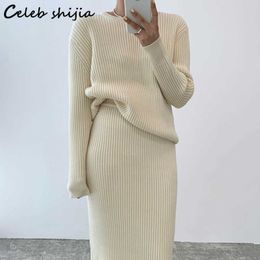 Women's Two Piece Pants 2022 Winter Knit 2 Piece Sets Women O-neck Sweater High Waist Skirts Autumn Oversized Vintage Runway Woollen Set Female Korean T221012