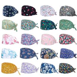 Scrub Cotton Hat Floral Bouffant Sanitary Nurse Cap with Sweatband Owl Fox Bird Dog Leaf Star Printing Nursing doctor Beanie Hat Christmas