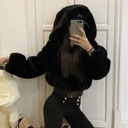 Women's Hoodies Autumn Winter Faux Fur Bomber Teddy Coat Zipper High Waist Furry Hooded Plush Jacket Cardigan Fleece Parkas