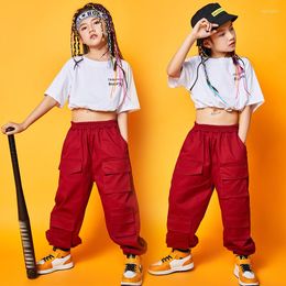 Stage Wear Girl's Hip Hop Clothing Loose Crop Tops Red Cargo Pants Short Sleeve Hiphop Outfits Jazz Dance Performance Costumes BL5809