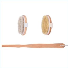 Bath Brushes Sponges Scrubbers Wood Bath Brush Detachable Long Handle With Two Heads Boar Hair/ Horse Hair Body Mas Brushes Set D Dhazc