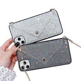 Luxury Cell Phone Cases Oblique Crossbody Mobilephone Case Flash Diamond Back Protective Cover Strap Plug Card Bag Chain For Iphone 14 Plus Pro Max 13 12 Mini XS XR