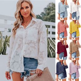 Solid Color Hollow Chiffon Shirt Women's Spring/Summer 2022 New Tops Jacquard Button Long Sleeve Shirt Women Clothes