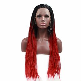 Heat Resistant Synthetic Hair Ombre Two Tone Colour 1b/red Long Box Braids Lace Front Wig for Black Women Fast Express Delivery
