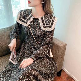 Casual Dresses 2022 Autumn Party Woman Chiffon Lace Up Long Sleeves Doll Collar Commuter Floral Midi Big Swing Dress