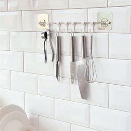 Hooks Multi-purpose Rustproof Stainless Steel Rail With 6 Plastic Bathroom Kitchen Sticker Hanger For Storage Towel Kitchenware