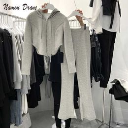 Women's Two Piece Pants Namou Drane Causal Sweat Pants Sets Fashion Draw String Hooded Zipper Sweatshirt Coat High Waist Split Long Pants 2021 New T221012