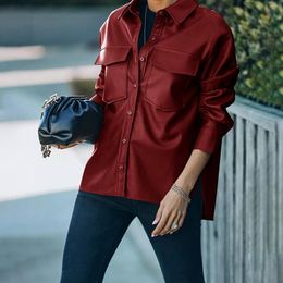 Women's Leather Faux Jacket Women Short Long Sleeve Suit Jackets Pockets Autumn Winter Buttons Basic Red Coat Outerwear