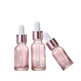Packing Clear Pink Glass Bottle Essential Oil Dropper Vials Rose Gold Collar White Top Portable Refillable Packaging Container 5ml 10ml 15ml 20ml 30ml 50ml 100ml