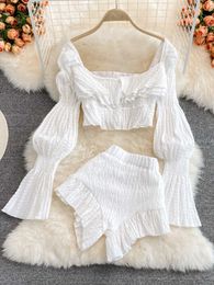 Women's Two Piece Pants Chiffon Two Piece Set Women 2022 Summer New High Street Fashion Sexy French Outfits Navel Blouses Solid Wild Ruffles Shorts T221012