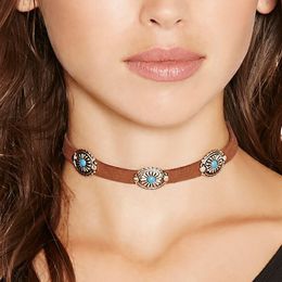 Necklace Fashion Neck Chain Jewelry Bohemian Style Retro Simple Metal Flower Plate Turquoise Collar
