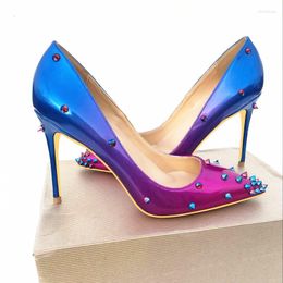 dress shoes Gradient Color Blue Rivet 12cm High Heeled Lady Pumps Shallow Pointed Toe Woman Party Wedding 10cm 8cm MD015 CHENSIR9