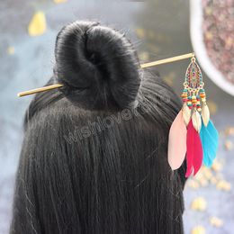 Ethnic Colrful Feather Tassel Pendant Hairpins Hair Stick Bohemia Vintage Women Hair Chopsticks Bridal Jewelry Hair Accessories