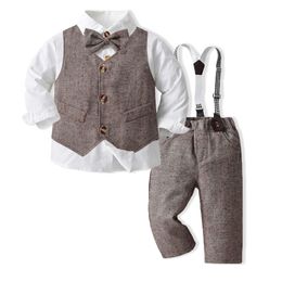Çocuklar bebek beyefendi giyim setleri Toddler çocuk papyon dönüşü kapalı yakalı uzun kollu gömlek askı pantolon takım elbise sonbahar parti doğum günü kıyafetleri z005