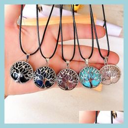 Pendant Necklaces Tree Of Life Reiki Healing Natural Stone Pendant Necklace Chakra Amethyst Pink Rose Crystal Rope Chain Necklaces Wo Dhztp