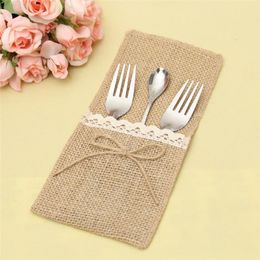 Jute Hessian Burlap Linen Lace Cutlery Holder Vintage Birthday Wedding Party Christmas Decorations Tableware Supplies RRE14984