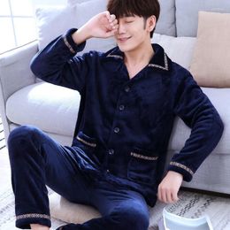 Men's Sleepwear Men's Men Pyjamas Suit Sleep Set Coral Fleece Nightgown Flannel Home Wear Loose 2PCS Shirt&Pants Lounge Nightwear