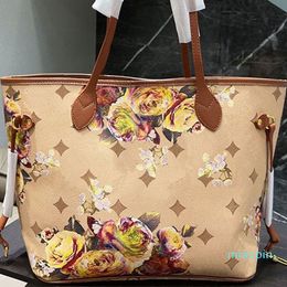 Floral Never Tote Bag Shoulder Beach Bags Women Handbag Purse Coated Canvas Leather Fashion Letter Large Capacity Handbags Pocket Side