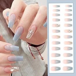 False Nails 24pcs Coffin Ice-through Mint Diamond French Love Heart Full Cover Gradient Nail Fake