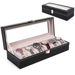 Watch Boxes Cases 6 Slots PU Leather Storage Box Organiser Mechanical Mens Display Holder Black Jewellery Gift Case 221013