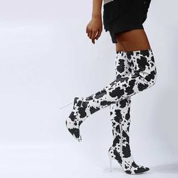 Boots Cow Leopard Long Boots Women High Heel Boot Pointed Toe Sexy club Shoes Thigh High Over-the-Knee Boots T221010