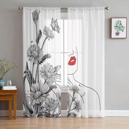 Curtain Daisy Female Lines Red Lips Tulle For Living Room Balcony Decor Sheer Kitchen Bedroom Fashion Home