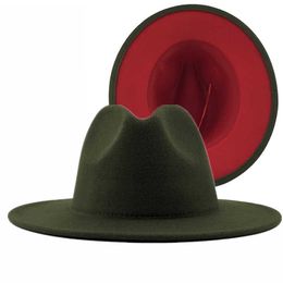 Beanie/Skull Caps Unisex Outer Army Green Inner Red Wool Felt Jazz Fedora Hats with Thin Belt Buckle Men Women Wide Brim Panama Trilby Cap L XL T221013