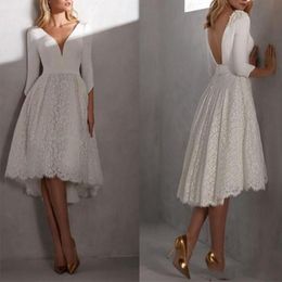 Simple A-Line High Low Wedding Dress With Capped Sleeves Knee Length Ivory Satin Lace Bridal Gowns Sexy V-neck Backless Short Robe De Mariee