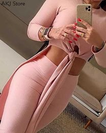 Women's Two Piece Pants Sexy Two Piece Outfits Solid Knotted Top High Waist Pants Set T221012