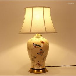 Table Lamps Chinese Flower Bird Ceramic European Retro Touch Switch Fabric Copper Base E27 LED Lamp For Bedside&foyer MF052