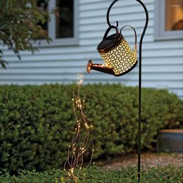 Solar LED Shower Lamp Outdoor Powered Watering Can Sprinkles Wrought Iron Hollow Out Garden Lawn Art Light Decor