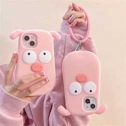 Super Cases Lustige 3D große Augen rosa Schwein Armband Silikon Handyhülle für iPhone 14 Pro Max 11 12 13 Xs Xr 7 8 plus X Se Abdeckung