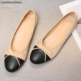 Dress Shoes Ballet Flats Classic Shoes Women Basic 2022 Leather Tweed Cloth Two Colour Splice Bow Round Ballet Shoe Fashion Flats Women Shoes