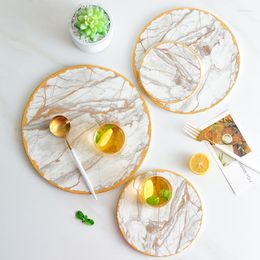 Placas Textura de mármore Criatividade cerâmica Inlay Gold Round Dinner Plate Service Bandeja European Modern Kitchen Tableware