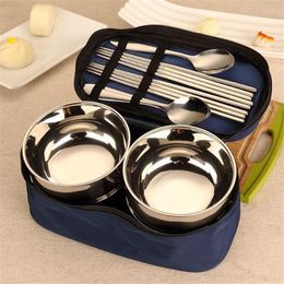 Dinnerware Sets Picnic Tourist Tableware Set Camping Stainless Steel Cutlery Bowl Chopsticks Spoon Suit Bag Outdoor Travel Hiking