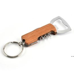 Openers Wooden Handle Bottle Keychain Knife Pulltap Double Hinged Corkscrew Stainless Steel Key Ring Opening Tools by sea JNB16287