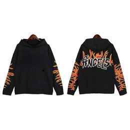 Designer Fashion Angels 22 Autumn Winter Hoodie New Black Flame Print Perforated Loose Long Sleeve Hooded