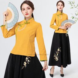 Ethnic Clothing 2022 Chinese Improved Cheongsam Blouse National Style Women Vintage Long Sleeves Qipao Top Service Hanfu Shirts