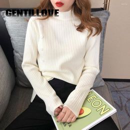 Women's Sweaters Woman Half Turtleneck Sweater Kintted Long Sleeve Pullover Solid Buttons Bottoming Top Warm Ribbed Shirt Female Jumper