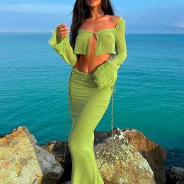 Women's Two Piece Pants SeigurHry Women Sexy Hollow Out 2 Piece Outfits See Through Open Front Crop Top Maxi Dress Set Bikini Cover Up Bodycon Skirt T221012