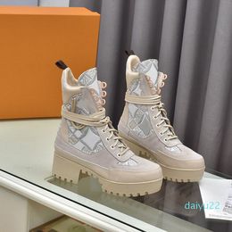 2022 new fashion Designer casual shoes platform desert combat boots beige calfskin women's platform bootsjacquard fabric and suede leather laces 35-42 top quality