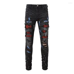 Men's Jeans Men's Crystal Stretch Denim Skinny Painted Holes Ripped Tapered Pants Streetwear Patchwork Black Trousers
