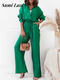 Women's Two Piece Pants 2022 New Spring Casual Tracksuit Women Shirt Trouser Suits Loose Solid Tops And High Waist Wide Leg Lace Up Pants Two Piece Sets T221012