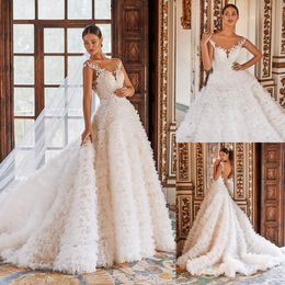 Gorgeous Lace Backless Wedding Dresses Appliqued Bridal Gowns Plus Size Sheer Bateau Neckline Ruffled Sweep Train Tulle Vestido De Novia