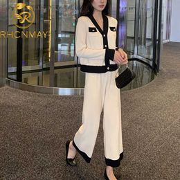 Women's Two Piece Pants Fashion Designer Korean Elegant Knitted 2 Piece Pants Sets Suits Long Sleeve V-neck Tops Wide Leg Pants Suits Spring Sets T221012