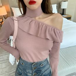 Women's Sweaters LJSXLS Women Pullovers Sweater Black Sexy Off Shoulder Ruffled Long Sleeve Knitted Autumn Winter Fashion Elegant Ladies Top