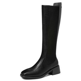 Boots Square Toe Pu Stitching Knit Fabric Sleeve Knitting Women s Kneelength with Platform Thick Heel Elastic Band 221013