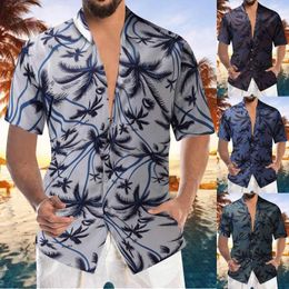 Men's Casual Shirts Men's Summer Fashion Shirt Leisure Seaside Beach Hawaiian Short Sleeve Printed Top Blouse Blue Pyjama