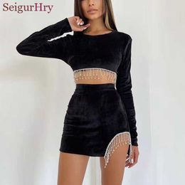 Women's Two Piece Pants SeigurHry Women's Backless Sexy Crop Top Bodycon Mini Skirt 2 Pieces Set Outfits Dress Long Sleeve Tassel Split Corset Casual T221012